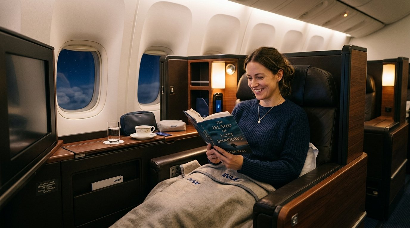 Traveler experiencing ANA First Class redemption powered by April 2026 Citi 30% transfer bonus to Virgin Atlantic