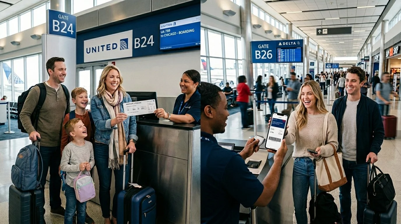 Side-by-side United upgrade awards vs Delta Companion Certificate travelers 2026