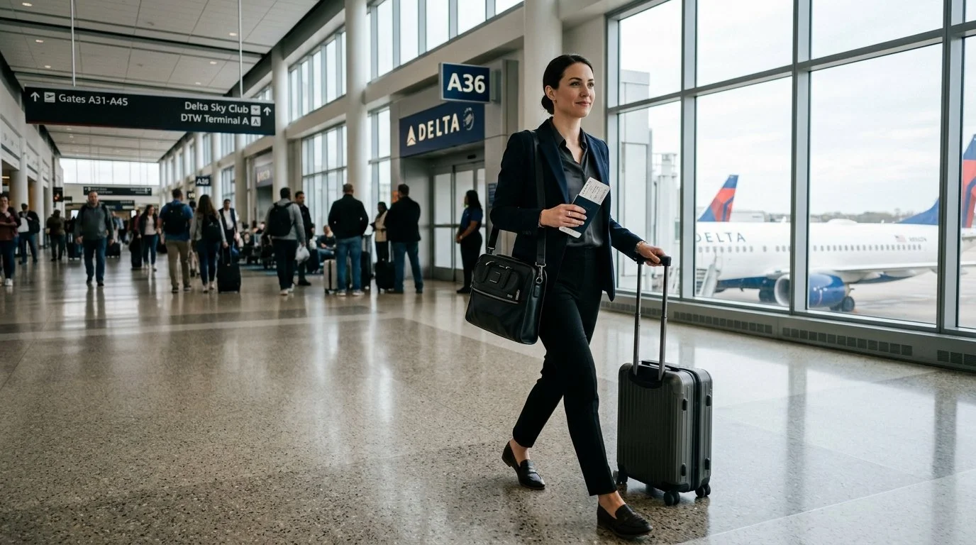 Solo business traveler using Delta SkyMiles benefits 2026