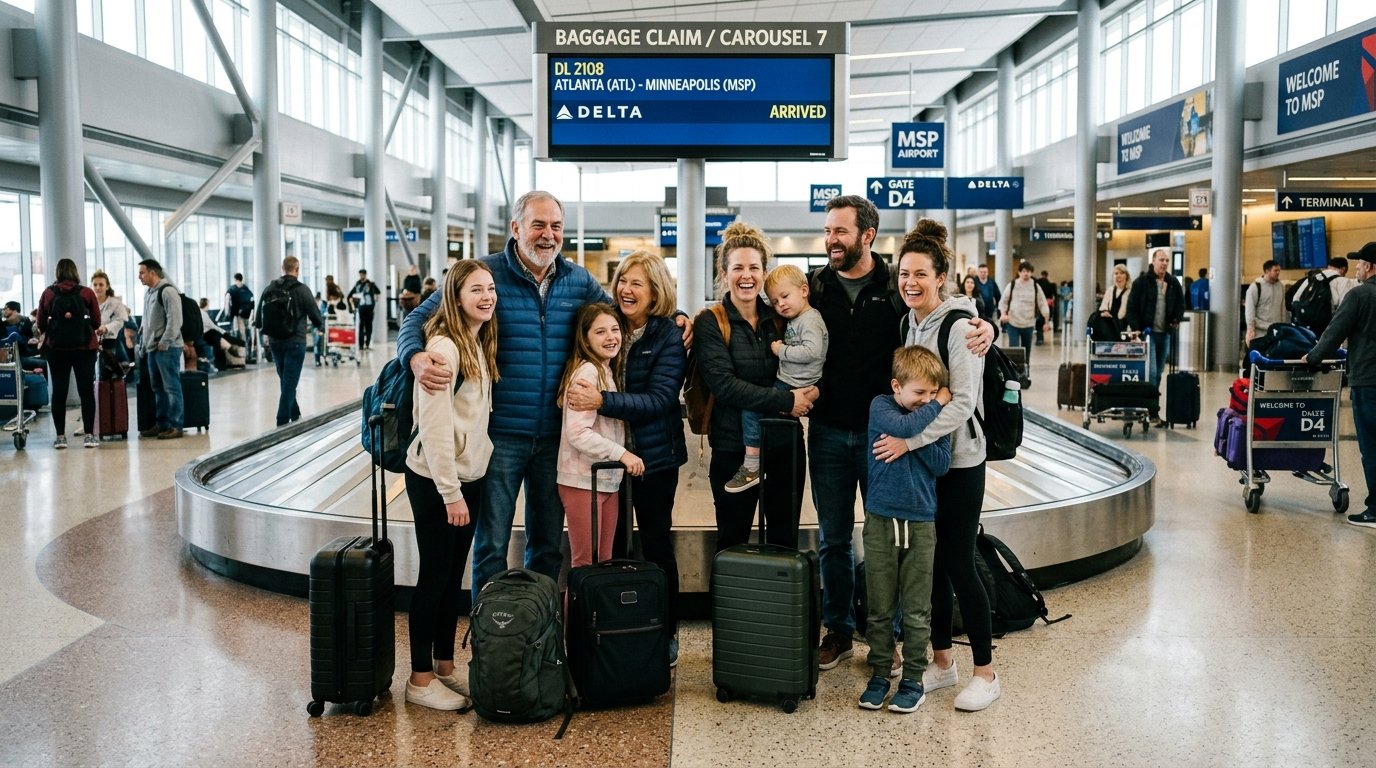 Family collecting luggage with Delta SkyMiles free checked bags for eight – 2026 quick overview