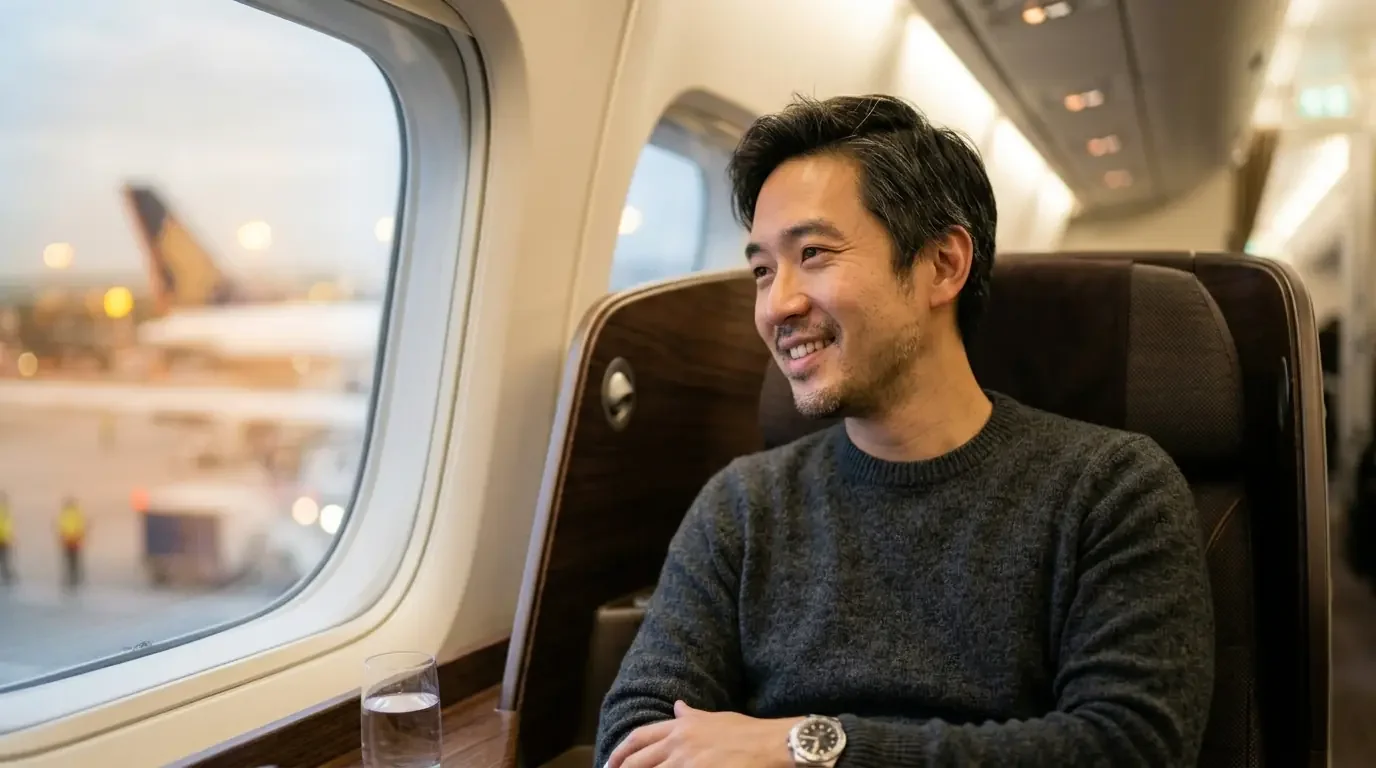 Traveler settling into first-class seat while considering premium card annual fee value