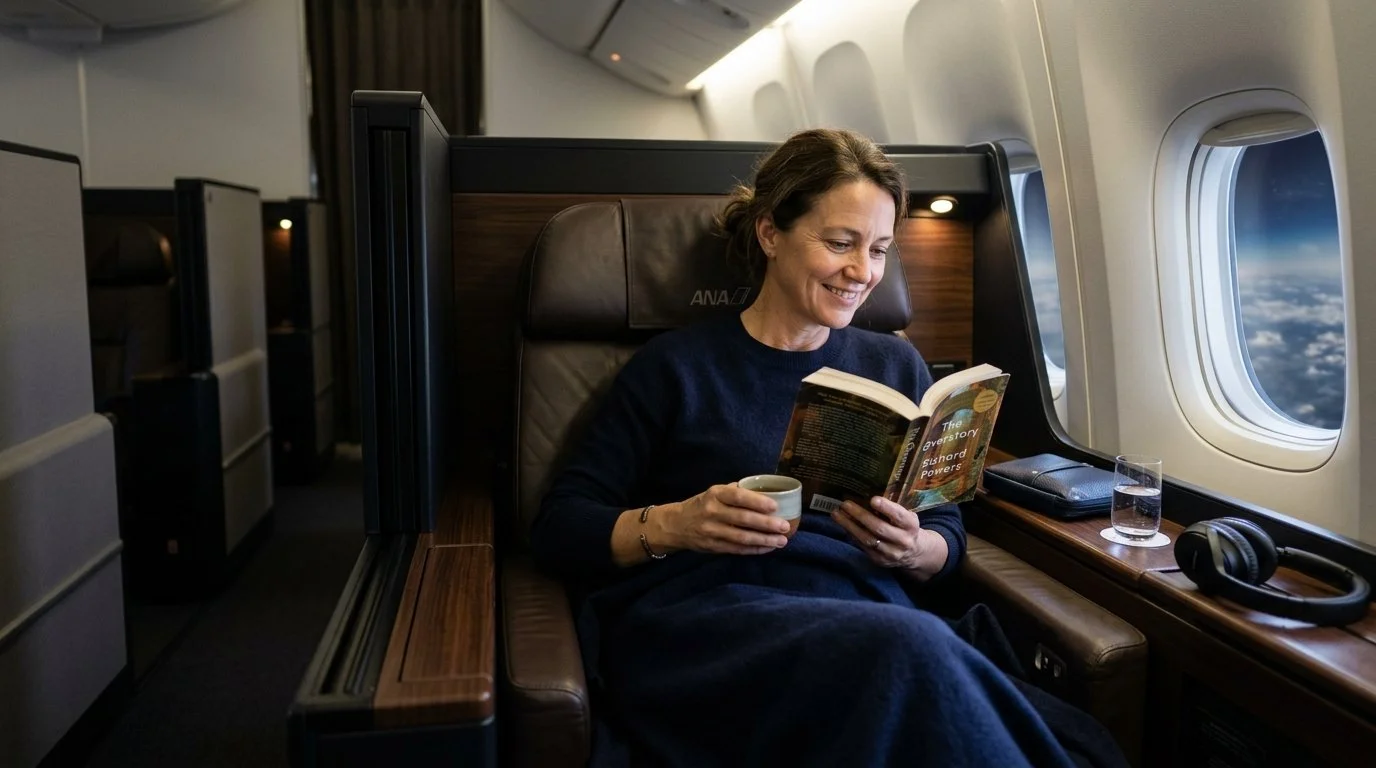 Traveler experiencing ANA First Class redemption powered by Flying Blue 80% bonus miles April 2026