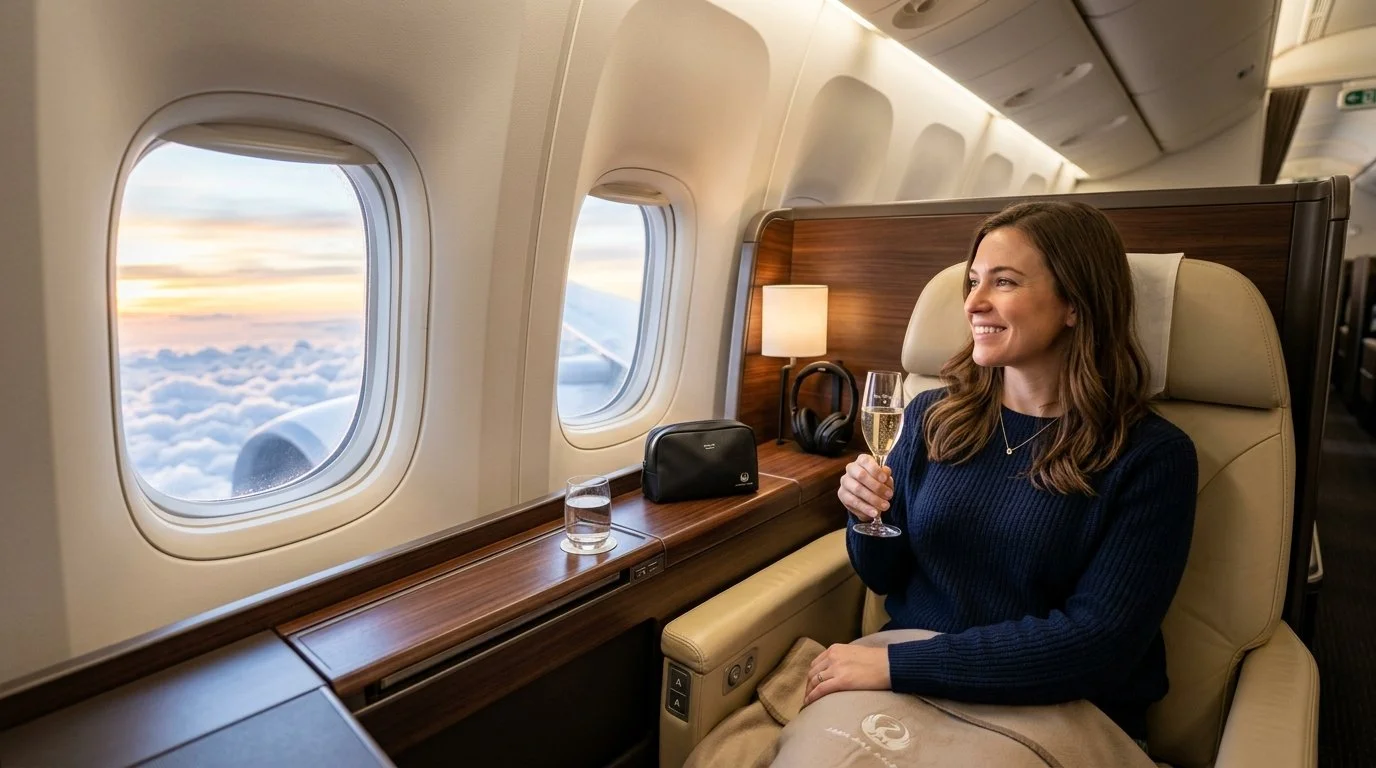 Traveler in JAL First Class using Capital One 30% transfer bonus to JAL Mileage Bank April 2026