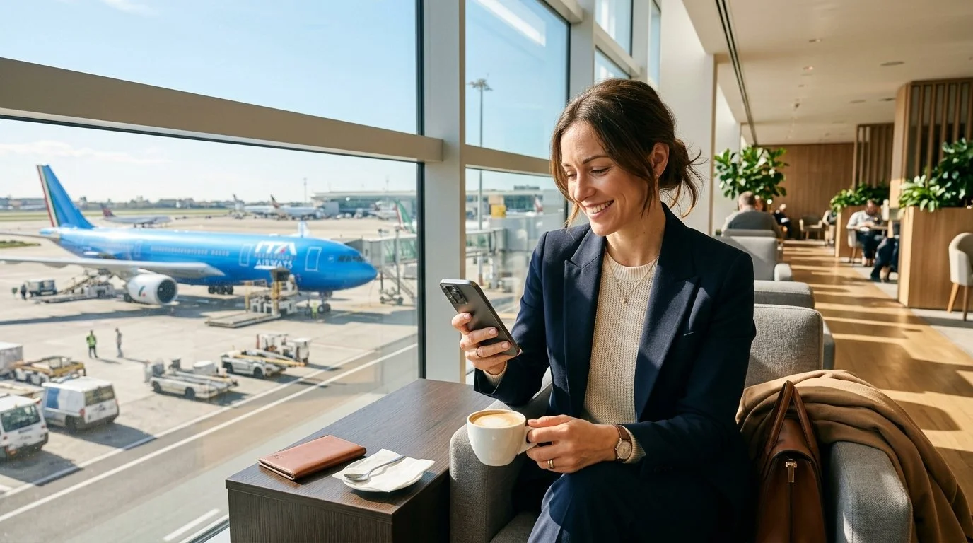 Traveler in airport lounge after ITA Airways Miles & More integration and status match April 1 2026