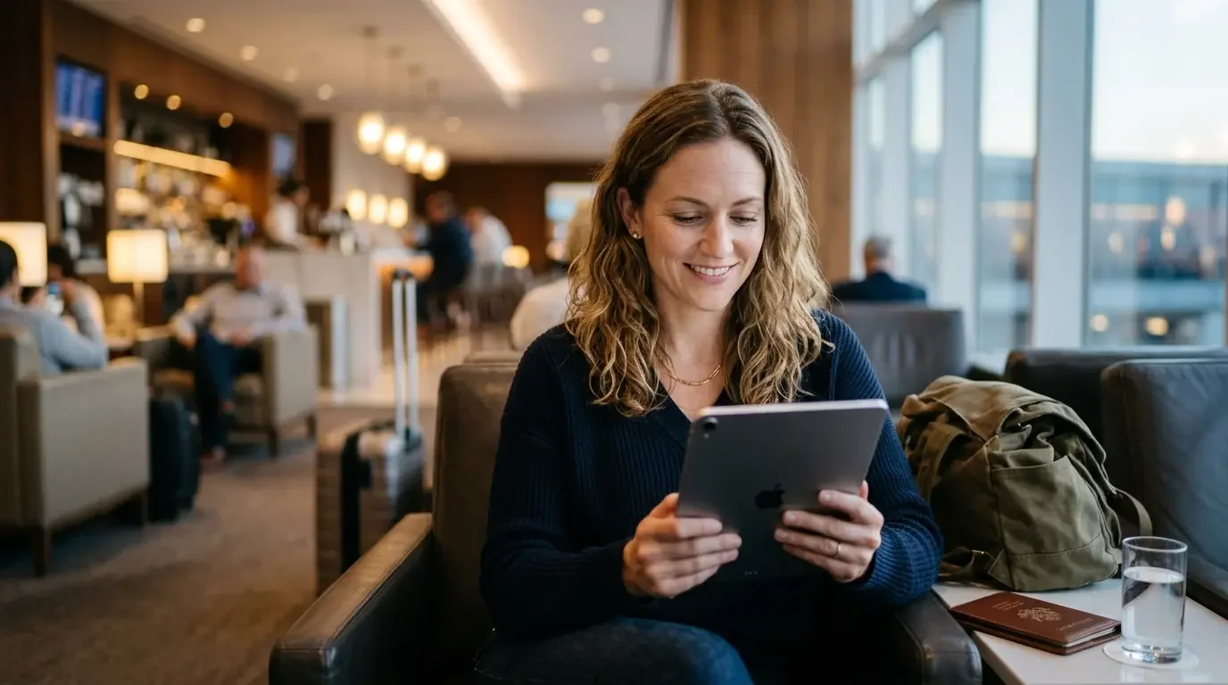 Traveler analyzing credit card rewards value in airport lounge