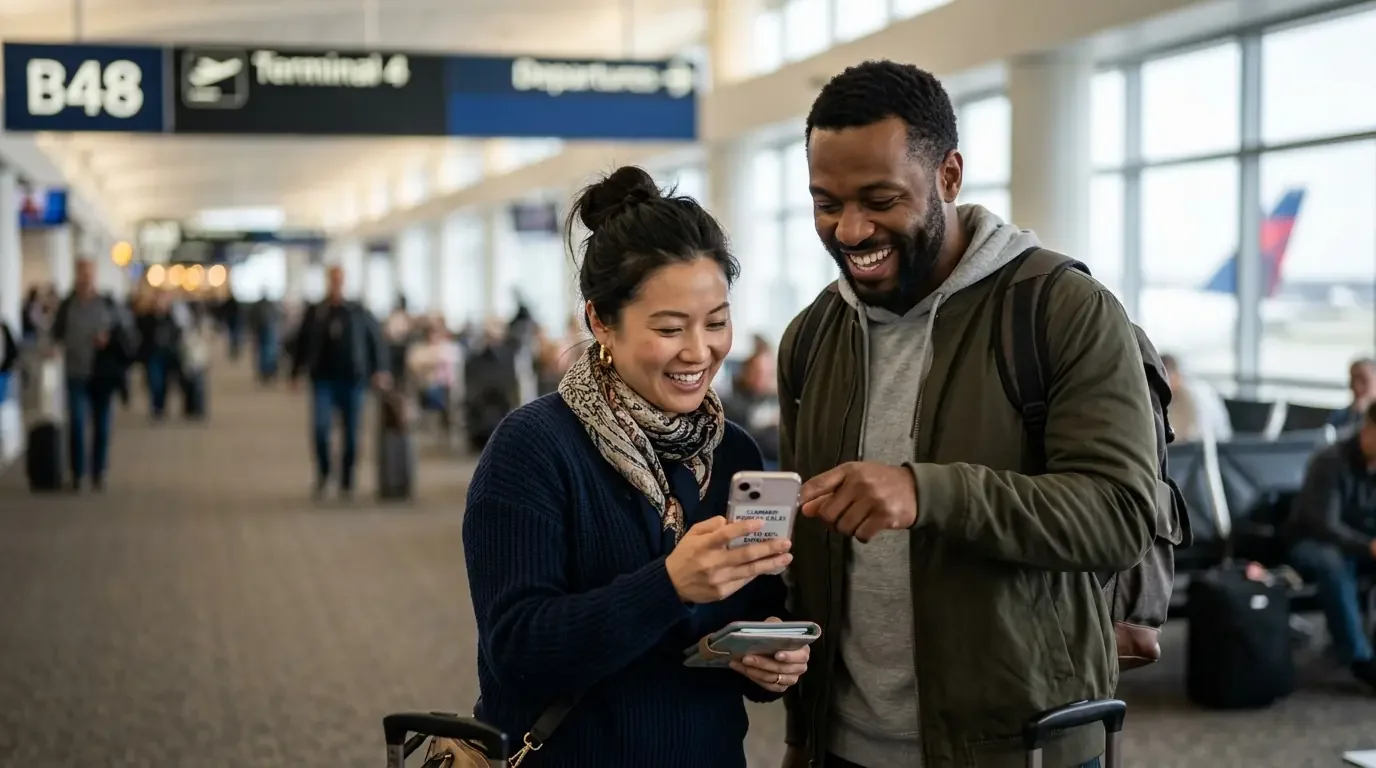 Traveler reviewing points valuations and ROI in airport lounge