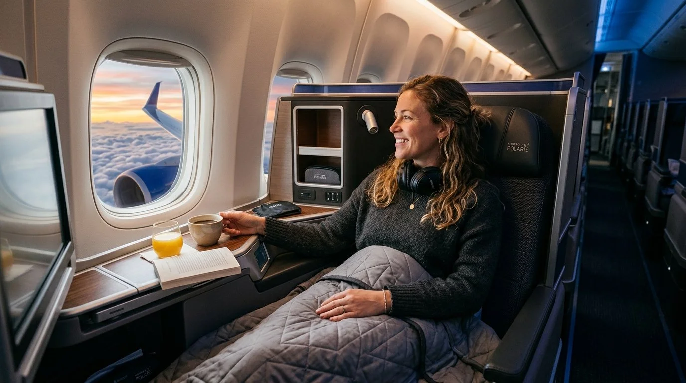 Traveler in United Polaris Business Class using Chase 20% transfer bonus to Aeroplan April 2026