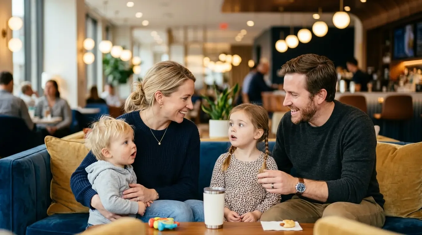 Family relaxing together in Capital One Lounge under guest policies