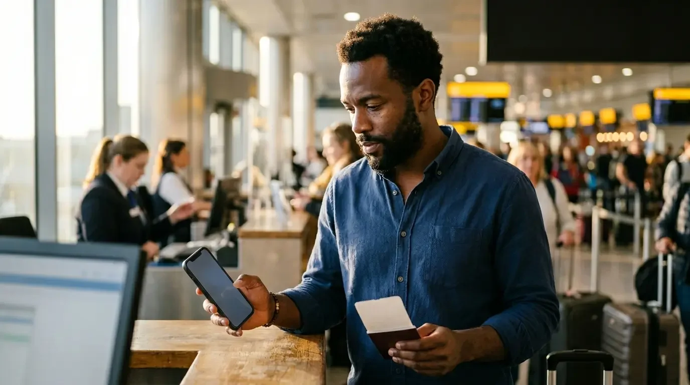Traveler comparing Amex Platinum vs Chase Sapphire Reserve vs Capital One Venture X 2026 at airport check-in