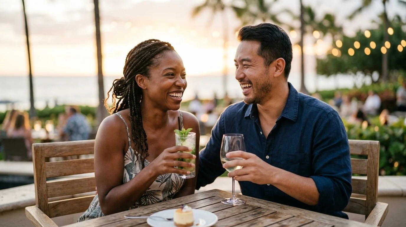 Couple enjoying real Marriott Bonvoy redemption savings and family resort success during evening stay authentic travel results 2026