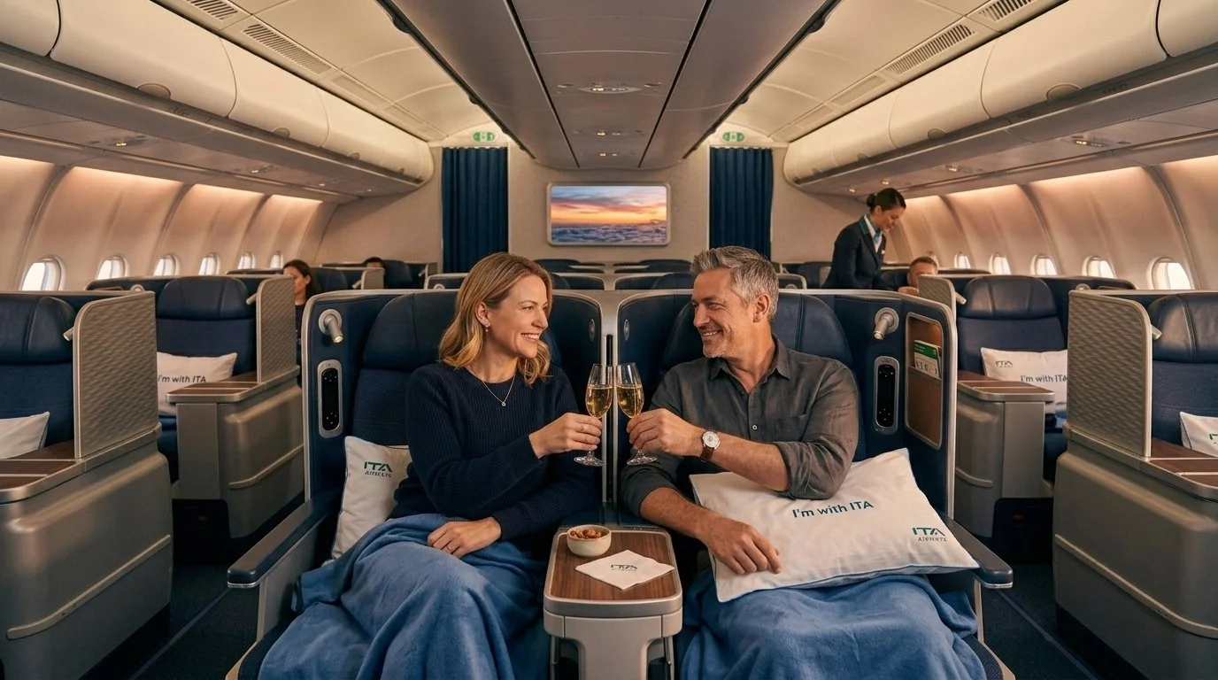 Traveler couple enjoying ITA Airways business class after joining Miles & More Star Alliance April 1 2026