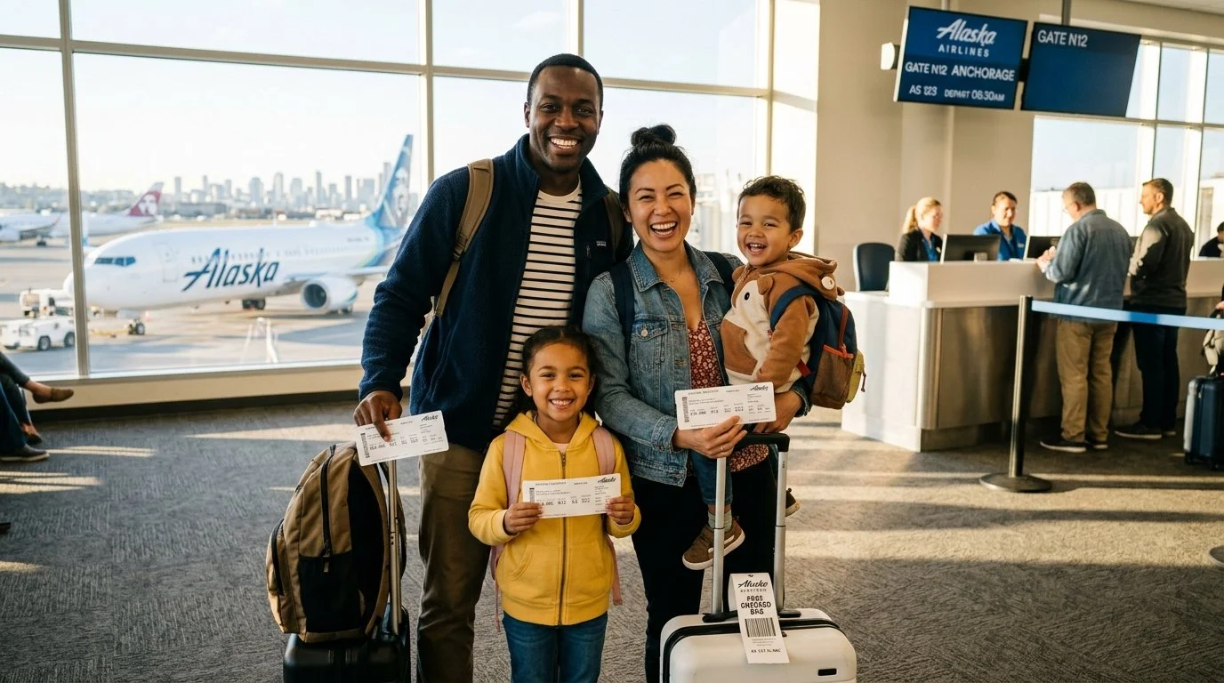 diverse Seattle family at Alaska Airlines gate calculating Atmos Rewards value 2026