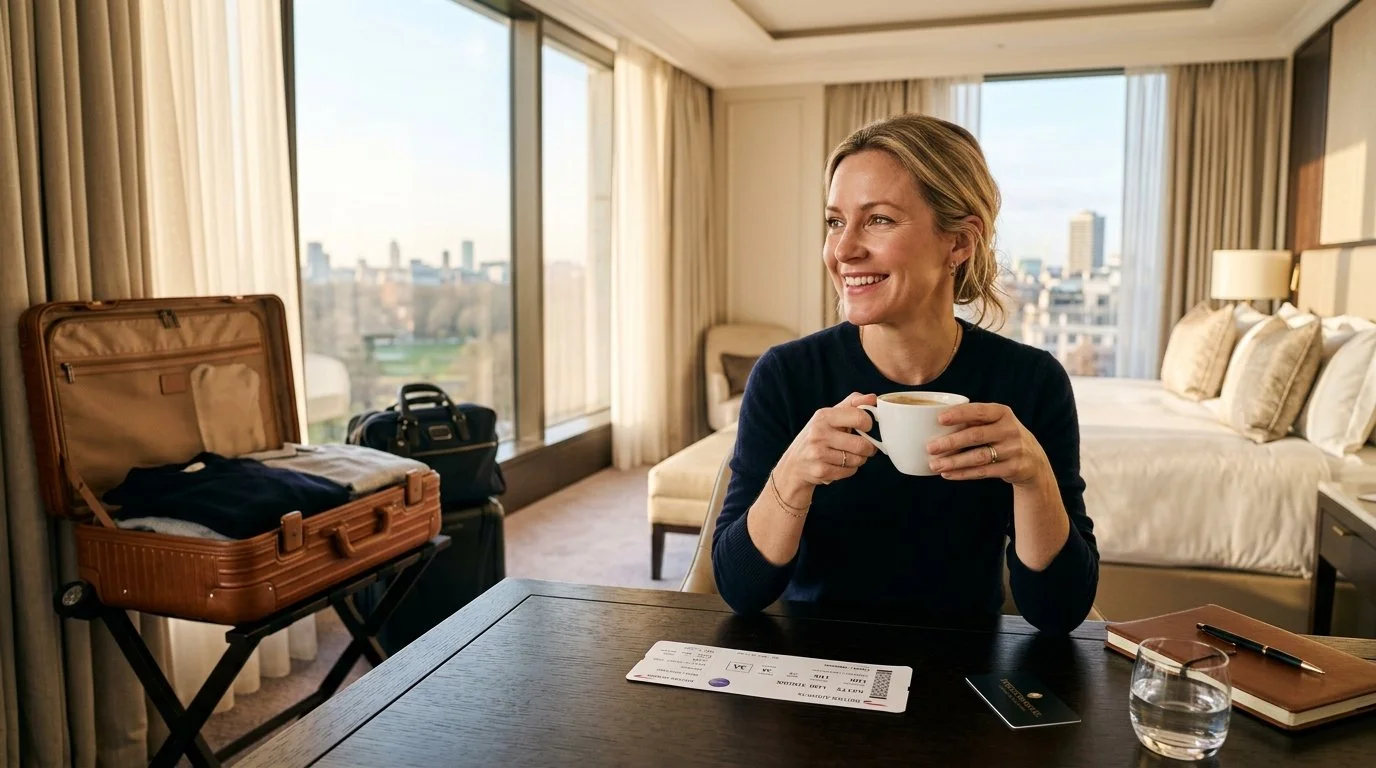 Traveler relaxing in luxury IHG hotel suite after using Chase 70% transfer bonus to IHG One Rewards April 2026