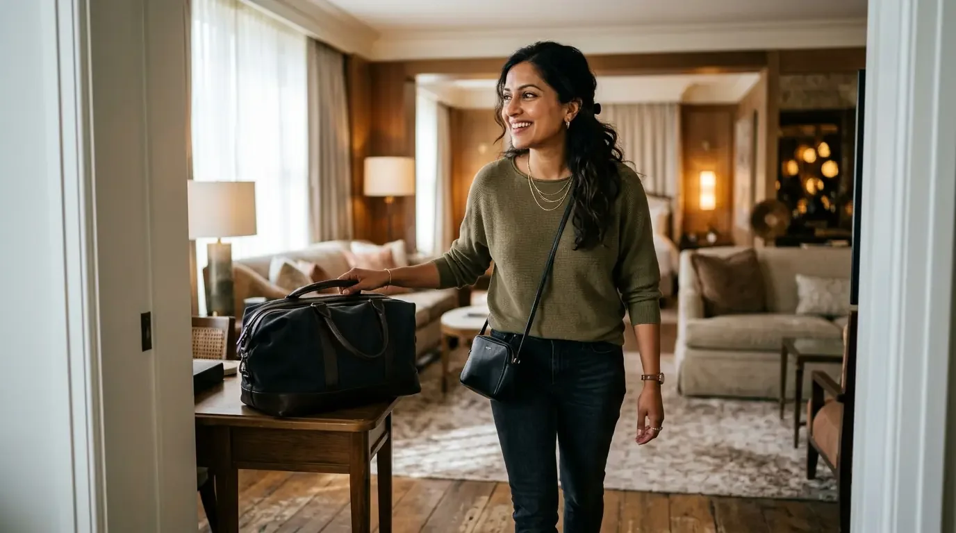 Traveler arriving at luxury hotel suite with premium card elite status benefits