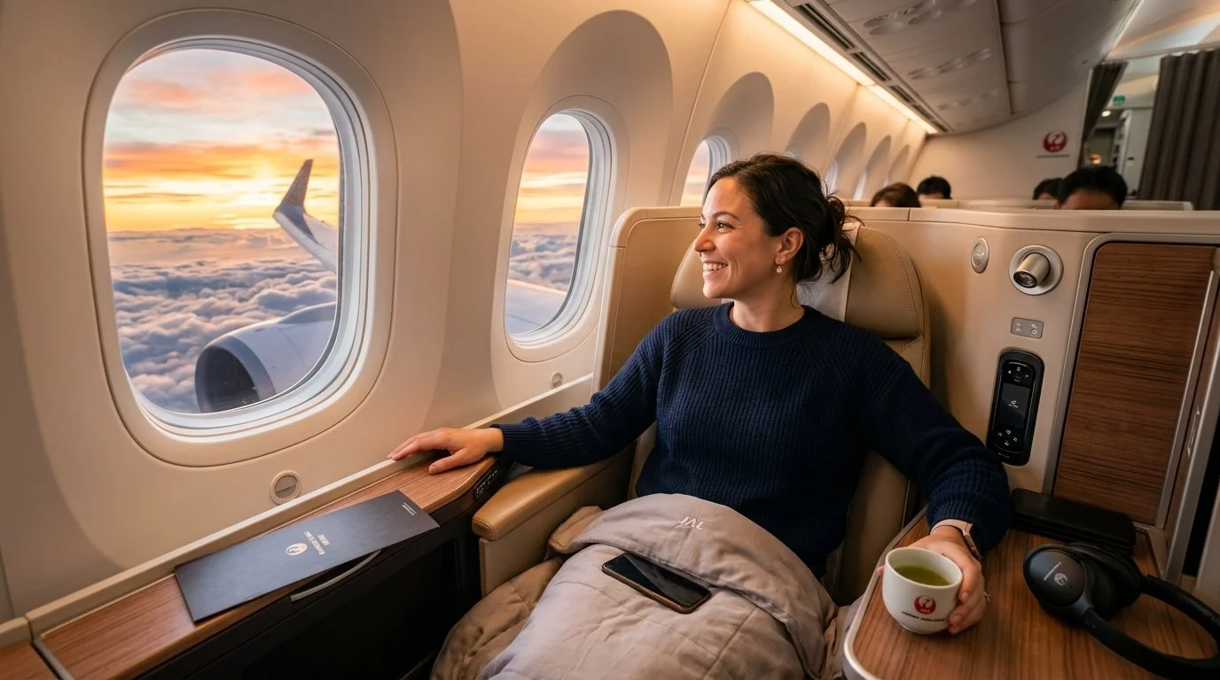 Traveler in JAL Business Class using Capital One 30% transfer bonus to JAL Mileage Bank April 2026