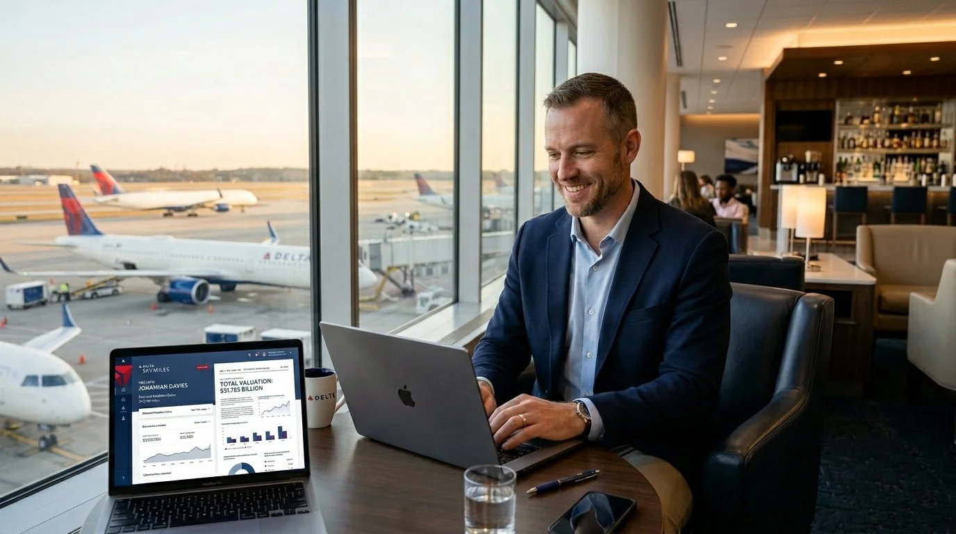 Traveler in Delta Sky Club reviewing $31.783 billion SkyMiles 2026 valuation report