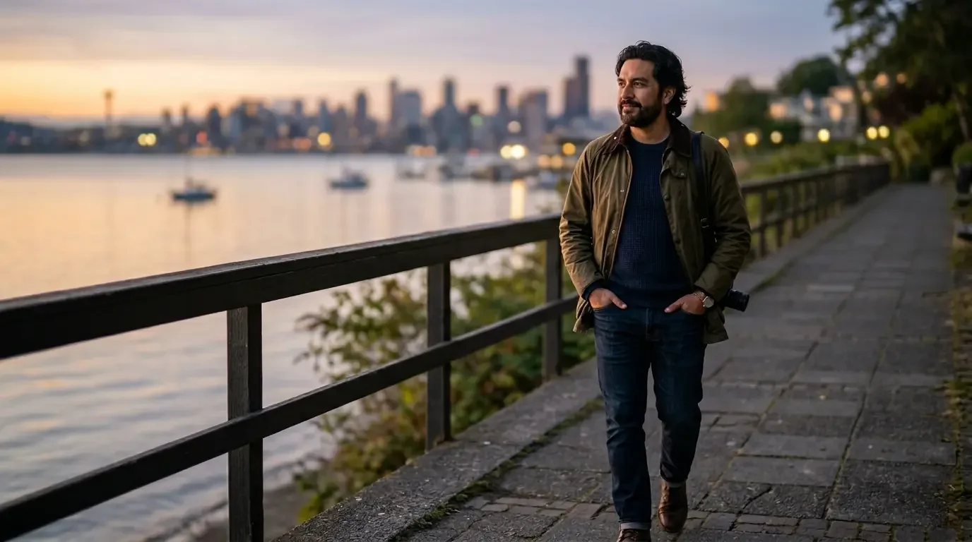 Traveler reflecting on premium card benefits and limitations during evening stroll