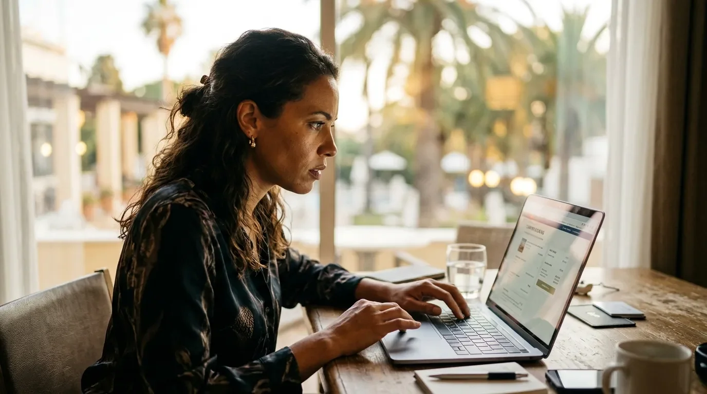 Traveler reflecting on successful 2026 hotel award bookings at golden hour balcony