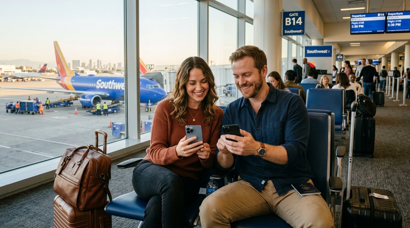 Couple at LAX gate deciding if Southwest Rapid Rewards is worth it 2026