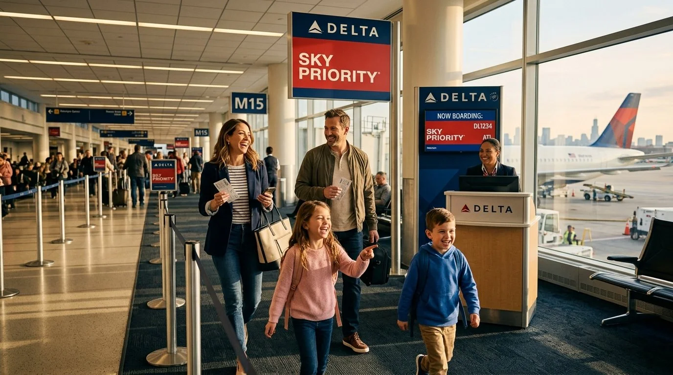 Family using Delta SkyMiles Companion Certificate and free checked bags at boarding – is Delta SkyMiles worth it 2026