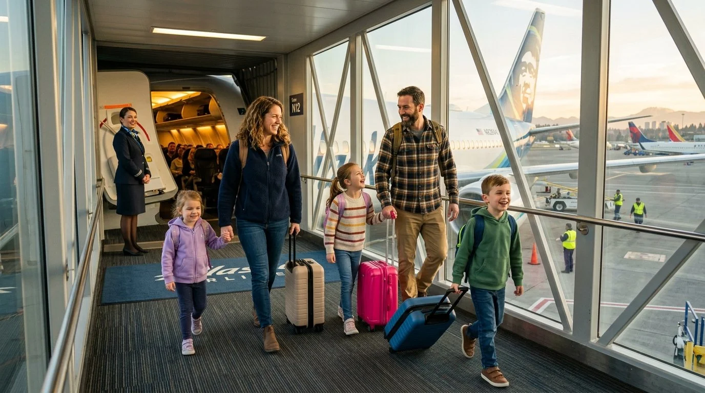 Family boarding Alaska Airlines flight using Atmos Rewards free bags and Companion Fare – Alaska Atmos vs Delta SkyMiles 2026