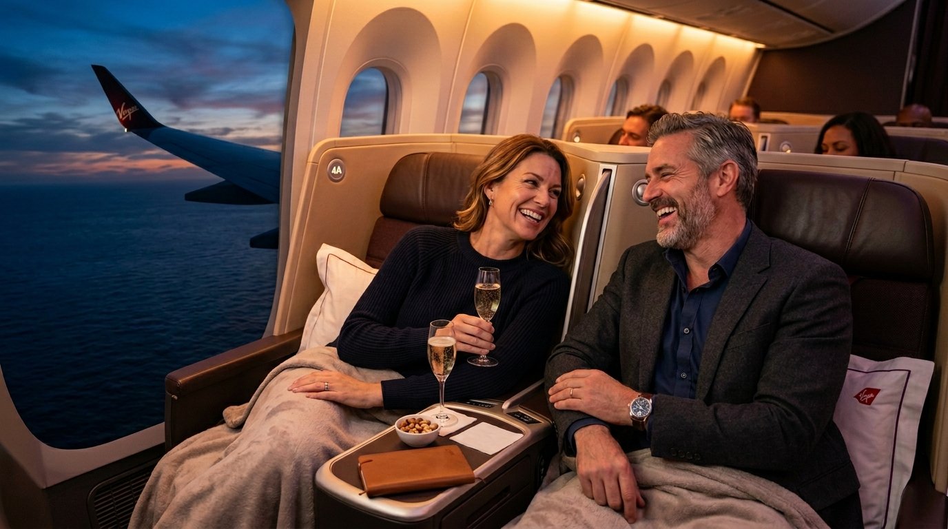 Traveler couple enjoying Virgin Atlantic Upper Class using April 2026 Citi 30% transfer bonus to Virgin Atlantic Flying Club