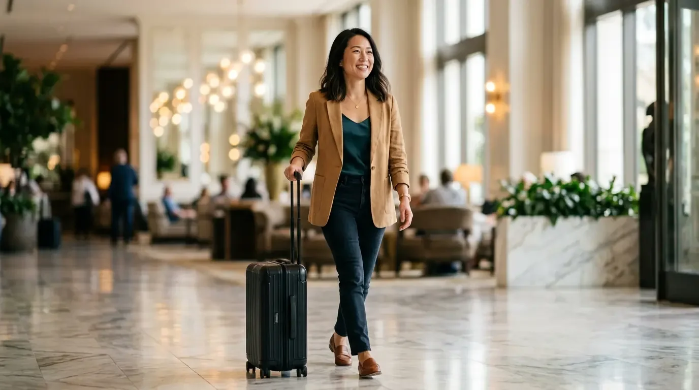 Traveler confidently navigating luxury hotel after using premium credit card perks