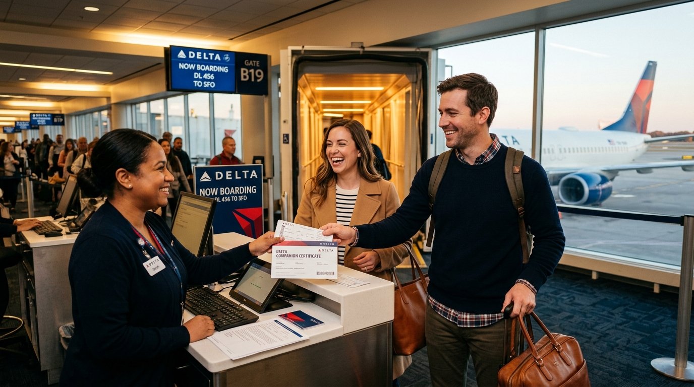 Couple using Delta Companion Certificate on Delta SkyMiles Platinum or Reserve card 2026