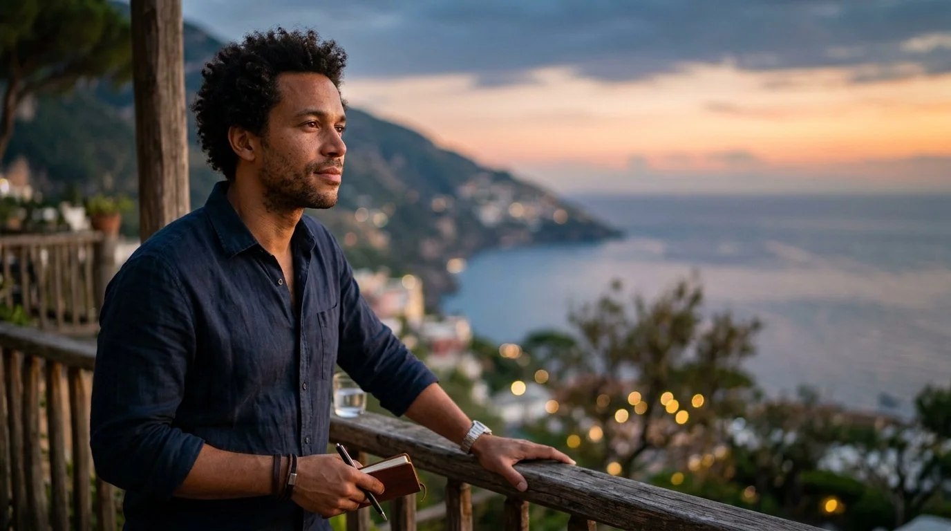 traveler reflecting on Marriott Bonvoy value during magical evening resort balcony moment 2026 authentic travel experience