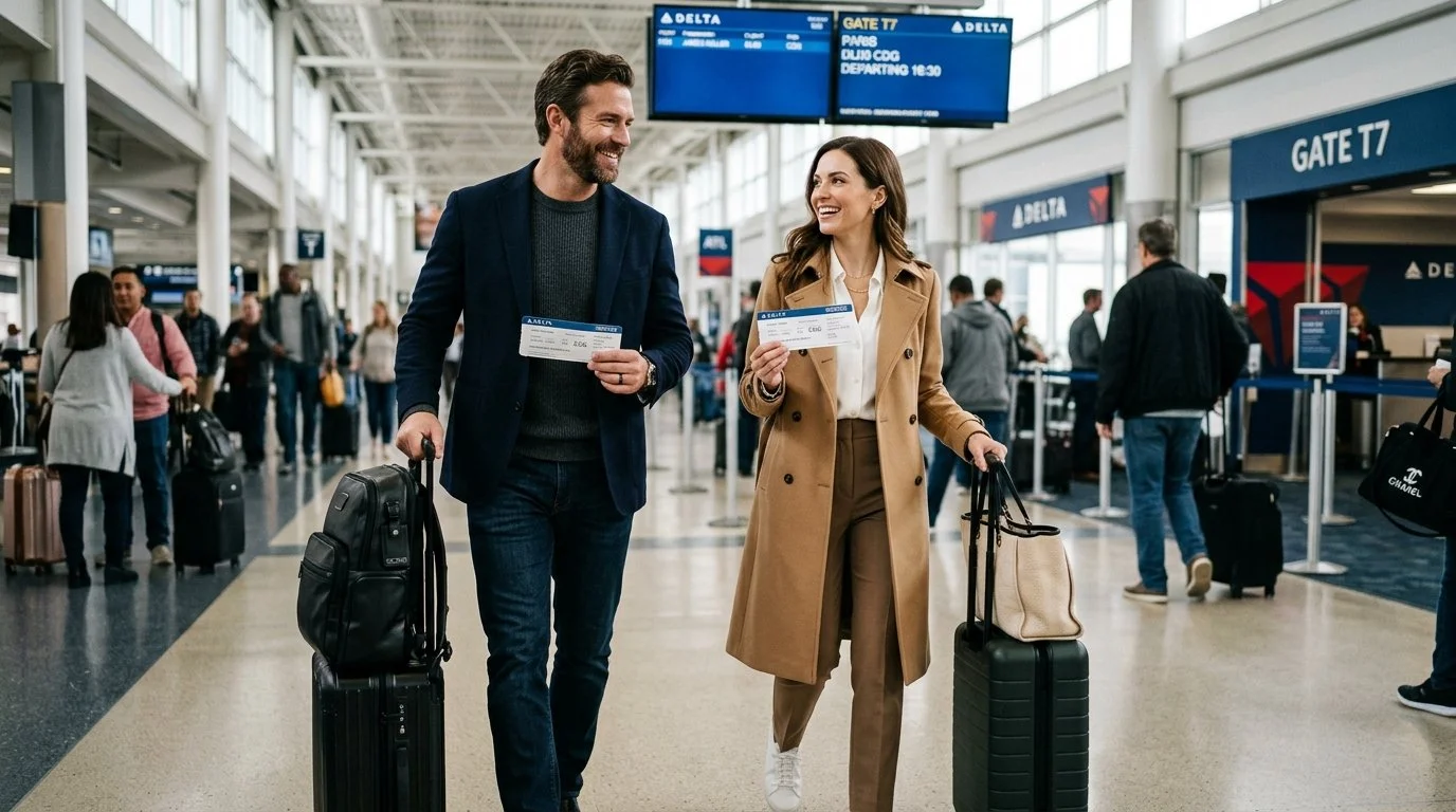 Couple choosing Delta SkyMiles for Companion Certificate and group bags 2026