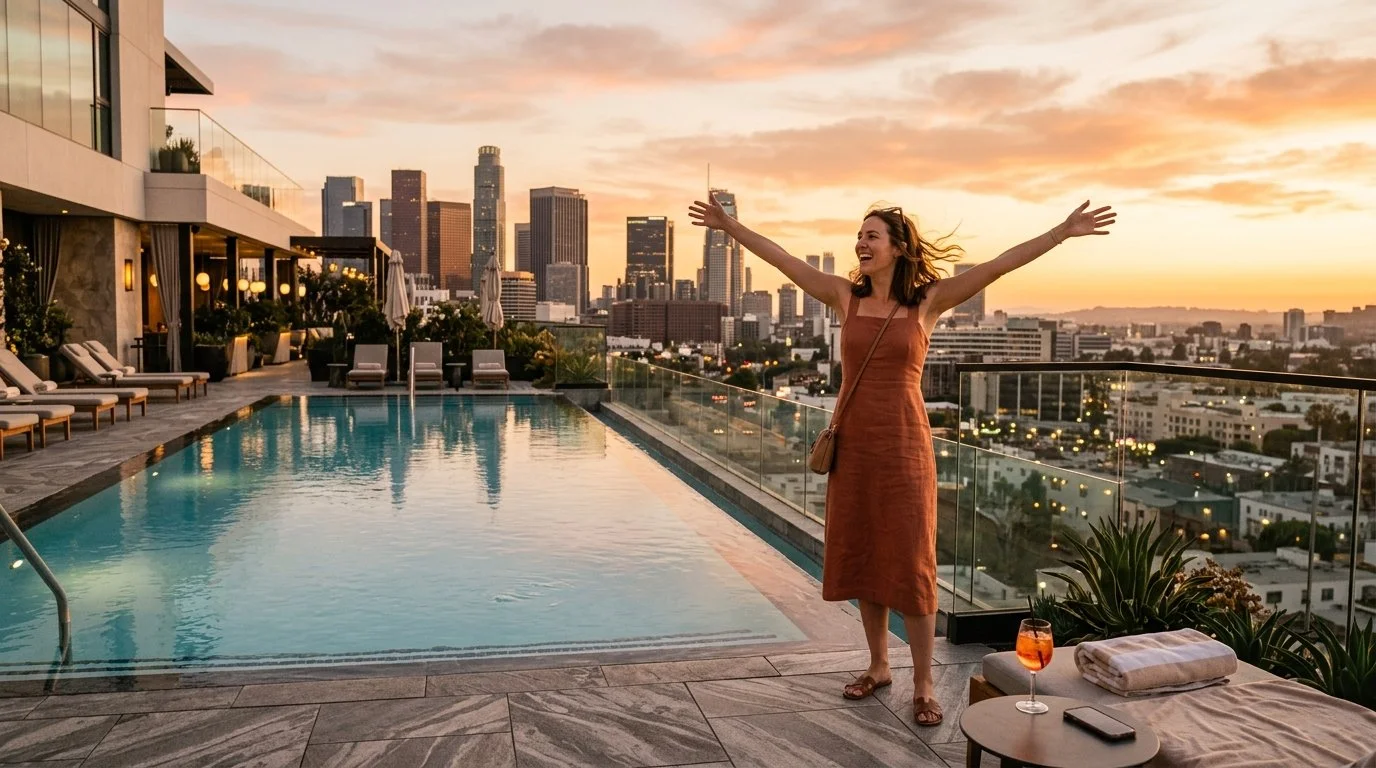 Traveler celebrating luxury hotel redemption with Chase 70% IHG bonus April 2026