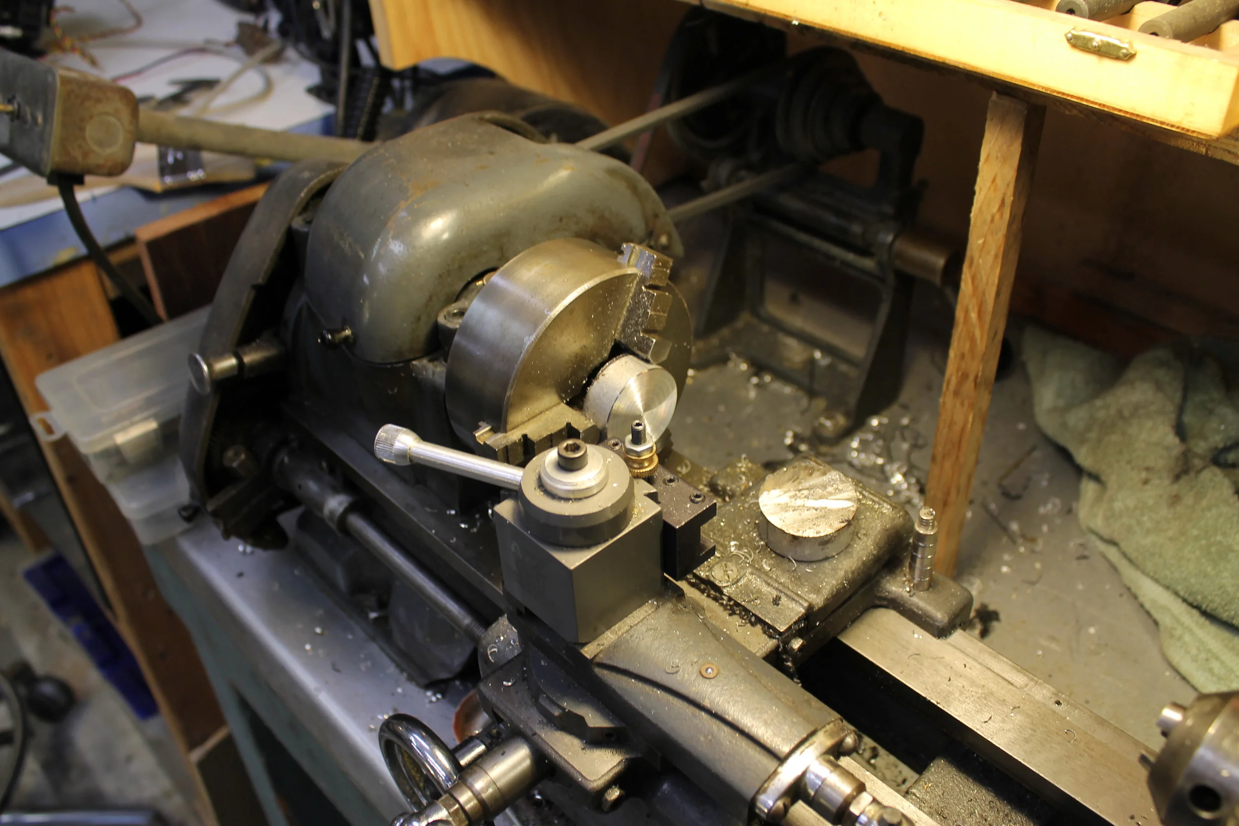 Turning custom shaft collars for the BNPF hip hub on my little vintage Craftsman lathe.