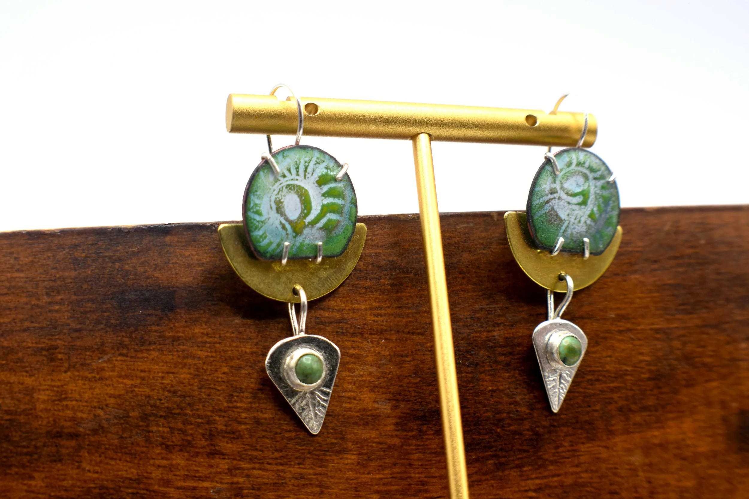 Green_enamel_turquoise_mix_metal_earrings4.JPG