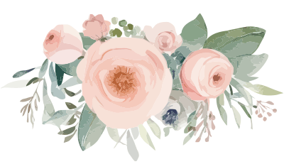 Soft pastel floral arrangement with blush pink roses, greenery, and delicate leaves on a light background, styled in a watercolor illustration.