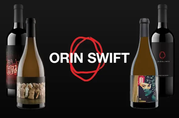 Four Orin Swift wine bottles flank the Orin Swift logo on a black background, promoting a premium wine tasting or wine dinner event.