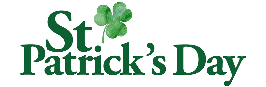 St. Patick's Day title in green lettering with a watercolor shamrock after the word St.