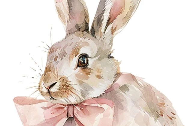 Watercolor illustration of a bunny with soft brown and cream fur wearing a pink bow, used in an Easter promotion for HT Grill.
