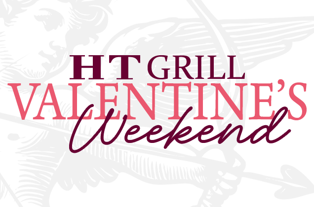 HT Grill Valentine's Weekend promotional graphic with bold text over a faint background illustration of Cupid with a bow and arrow.