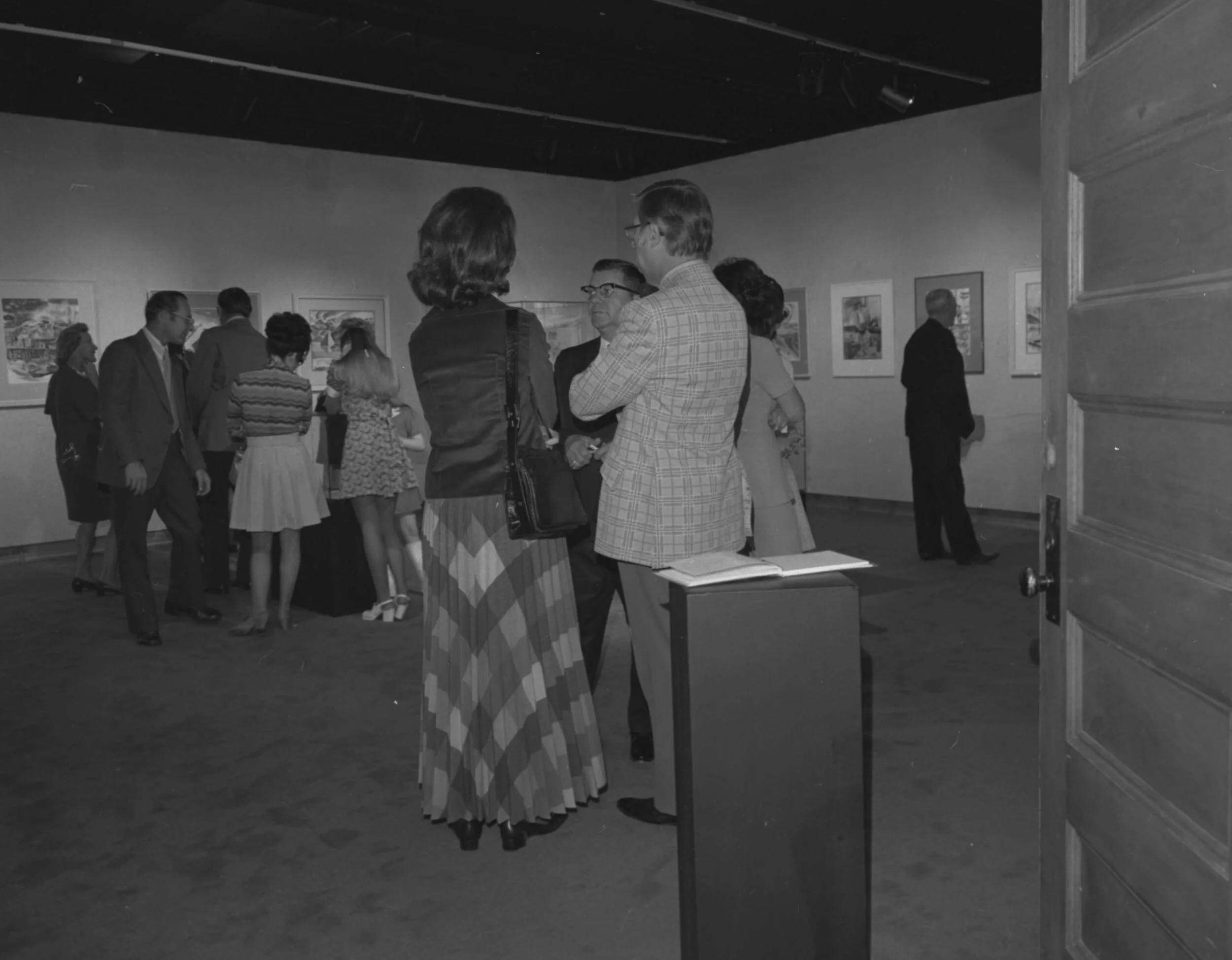 Mariani Gallery, Guggenheim Hall, UNC - The gallery opened in 1973, providing a space for student, faculty, and touring art exhibits. the above photo was taken during the Grand Opening event. (Image use courtesy of Special Collections, Michener Library, University of Northern Colorado.)