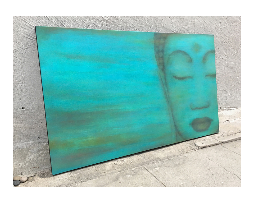  Custom Buddha for client in FL.    36” x 60”  inspired by previous work  acrylic on hand-built canvas ©Karen Zilly    SOLD                   