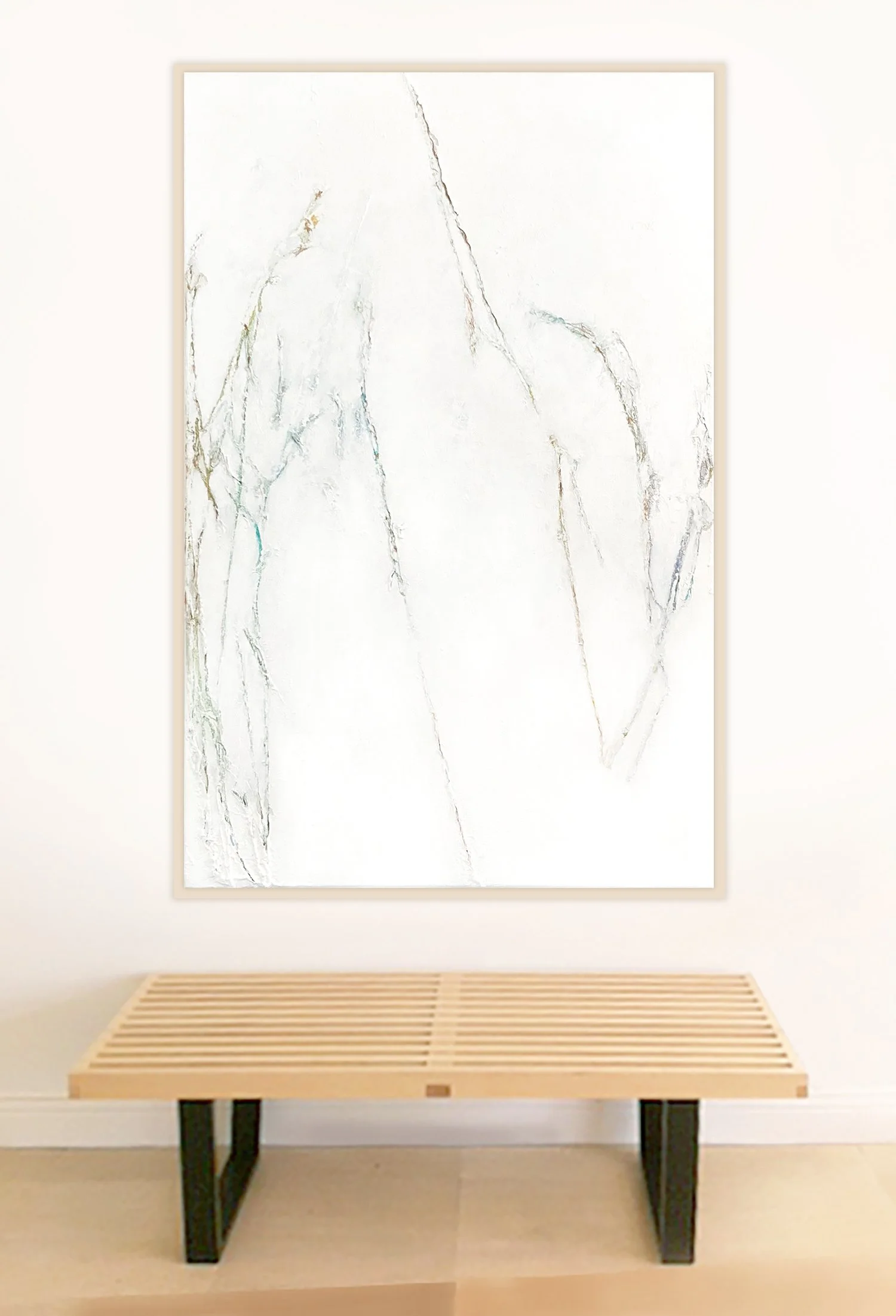  found, 1   40” x 60” mixed media on canvas ©Karen Zilly   Click here for additional photos >   Includes a handmade wood border-edge frame, and can display vertically or horizontally. Organic movement and textures throughout the surface offer a s