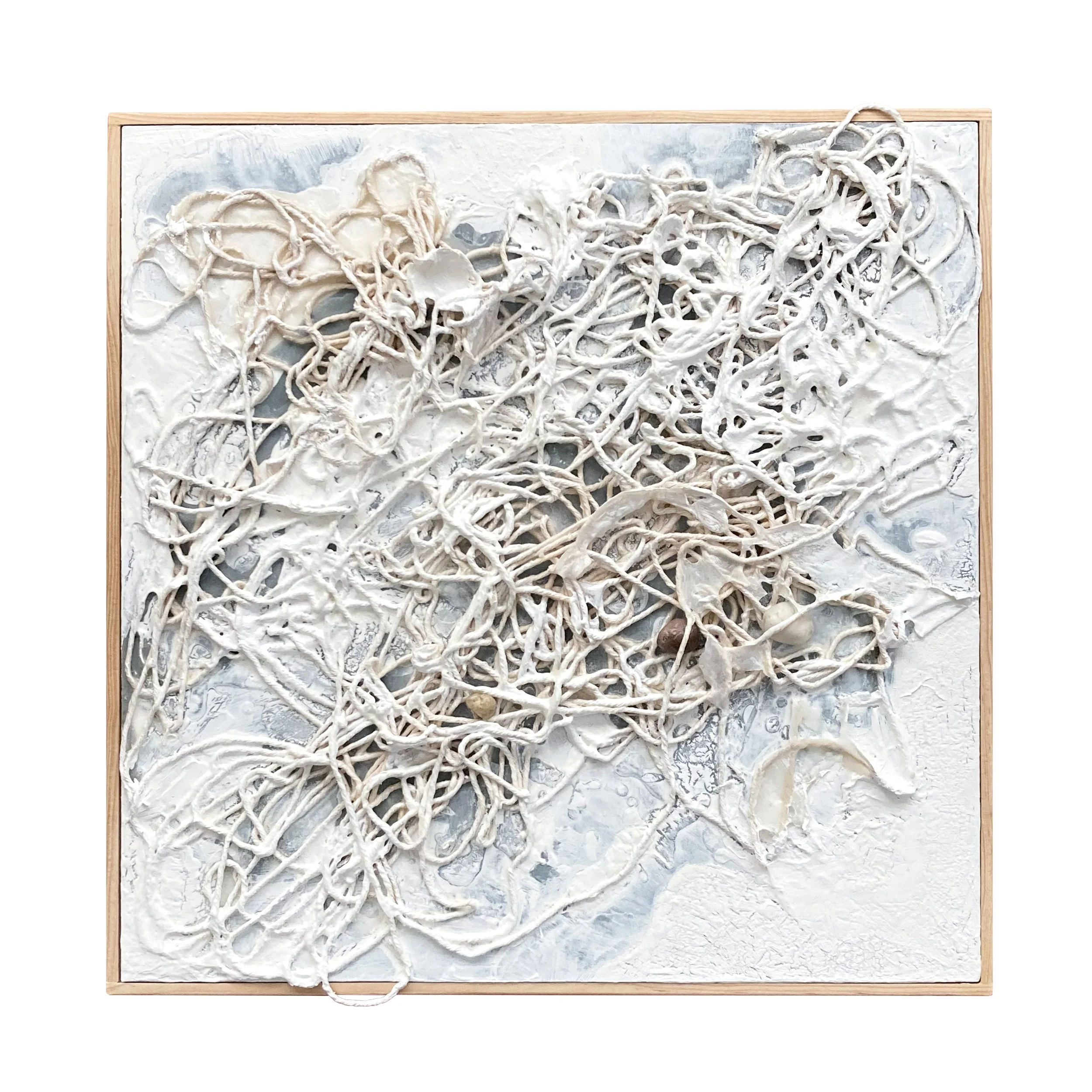  found, 5   12” x 12” mixed media on wood ©Karen Zilly  Sculpted natural cotton fibers explore organic forms on this wood panel. Neutral gray tones revealed throughout the surface.  Wood panel with cradle back, Slim profile. Includes a handmade wood
