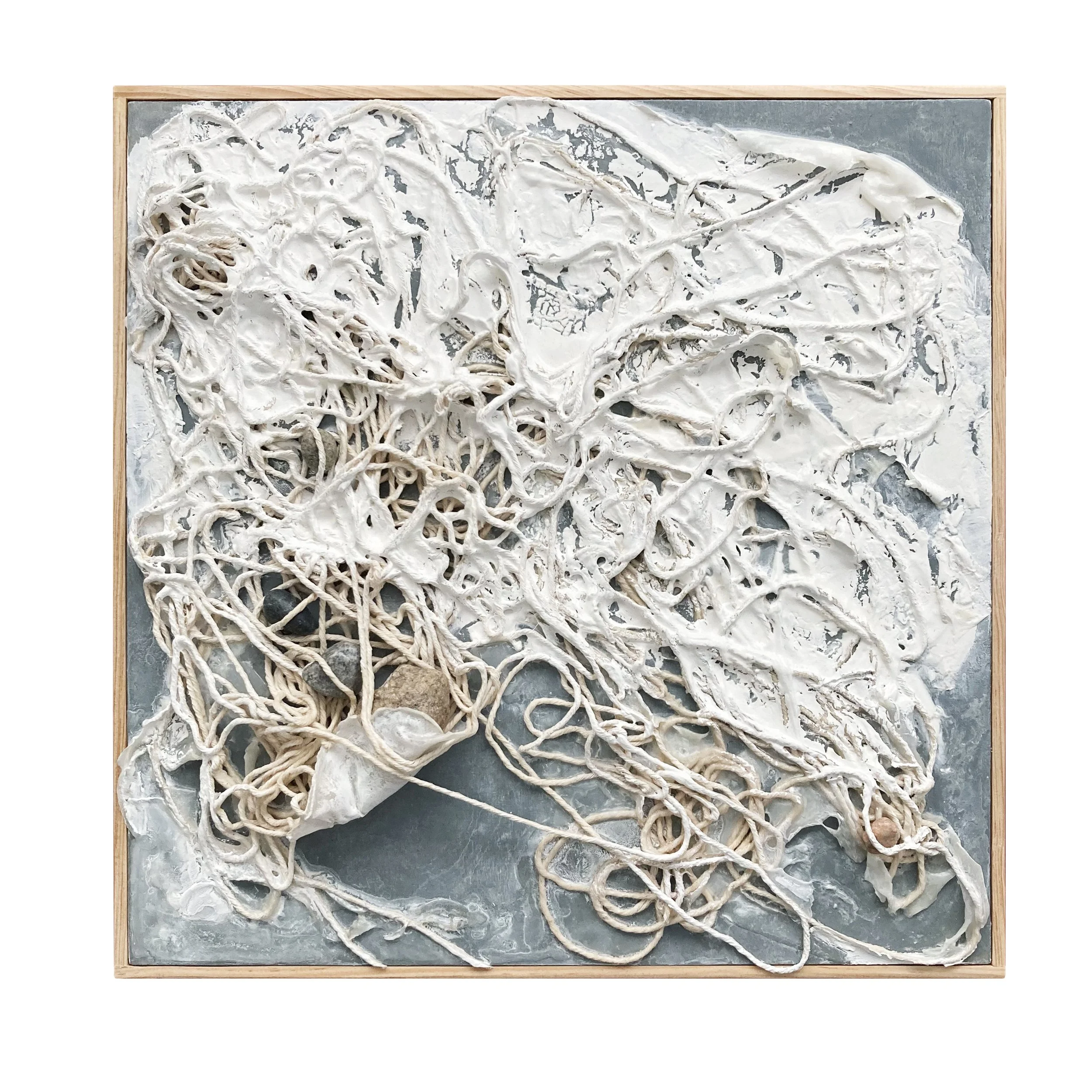  found, 6  12” x 12” mixed media on wood ©Karen Zilly  Sculpted natural cotton fibers explore organic forms on this wood panel. Neutral gray tones revealed throughout the surface.  Wood panel with cradle back, Slim profile. Includes a handmade wood 