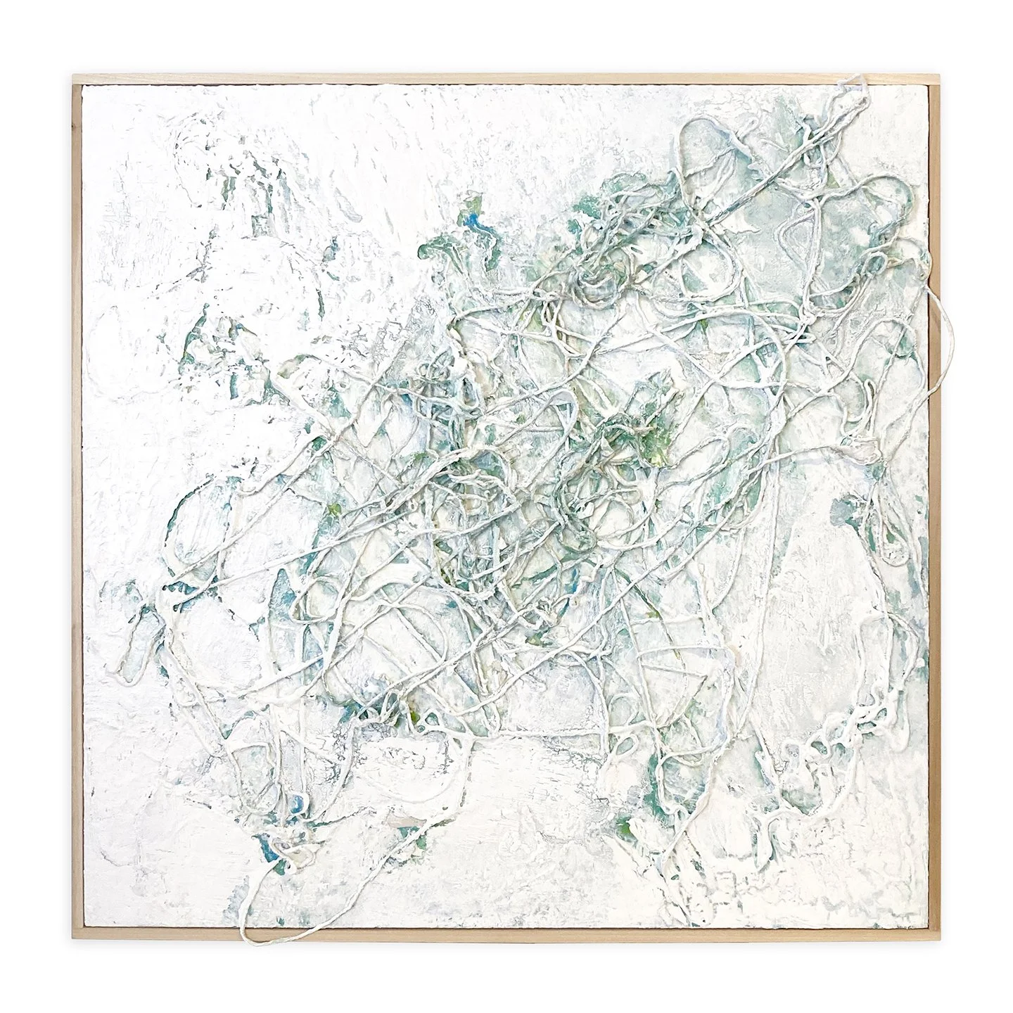  found, 3   20” x 20” mixed media on wood ©Karen Zilly  Sculpted natural cotton fibers explore organic forms on this wood panel. Turquoise tones revealed throughout the surface.  Wood panel with cradle back, medium 1.5” profile. White finished edges