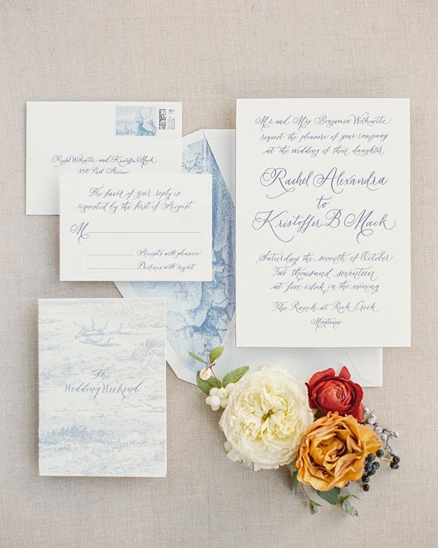 Fall is in the air around the ranch this weekend so I&rsquo;m sharing one of my all time favorite suites from a fall wedding. 
Engraved invitations with classic calligraphy and a vintage illustration for the liner. Invites were completed with painted