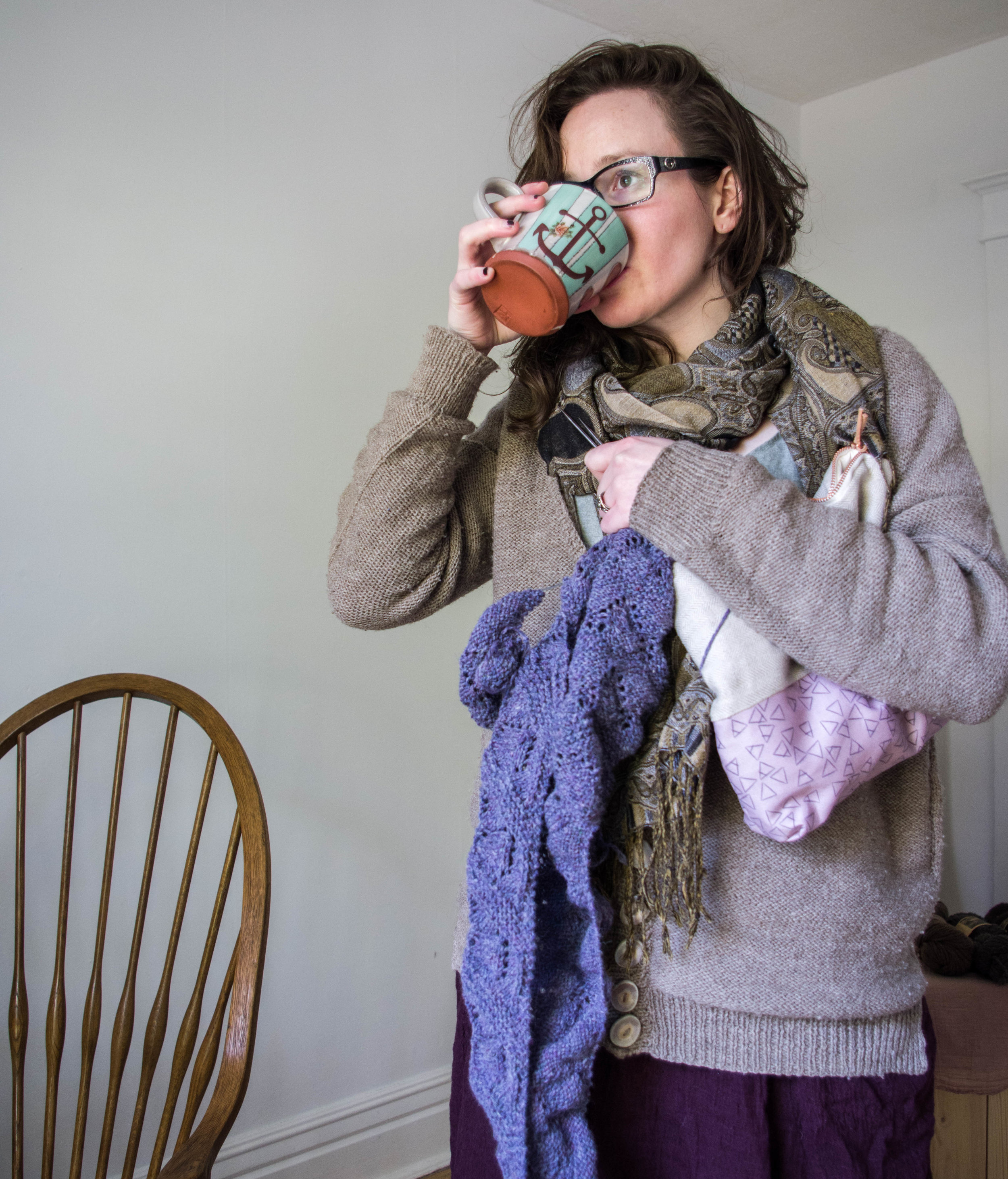 ogden cami , cedar cardigan , gypsum skirt , 10-year-old pashmina, merino tights, and harrisville designs yarn on the needles in my pink everyday magic project bag
