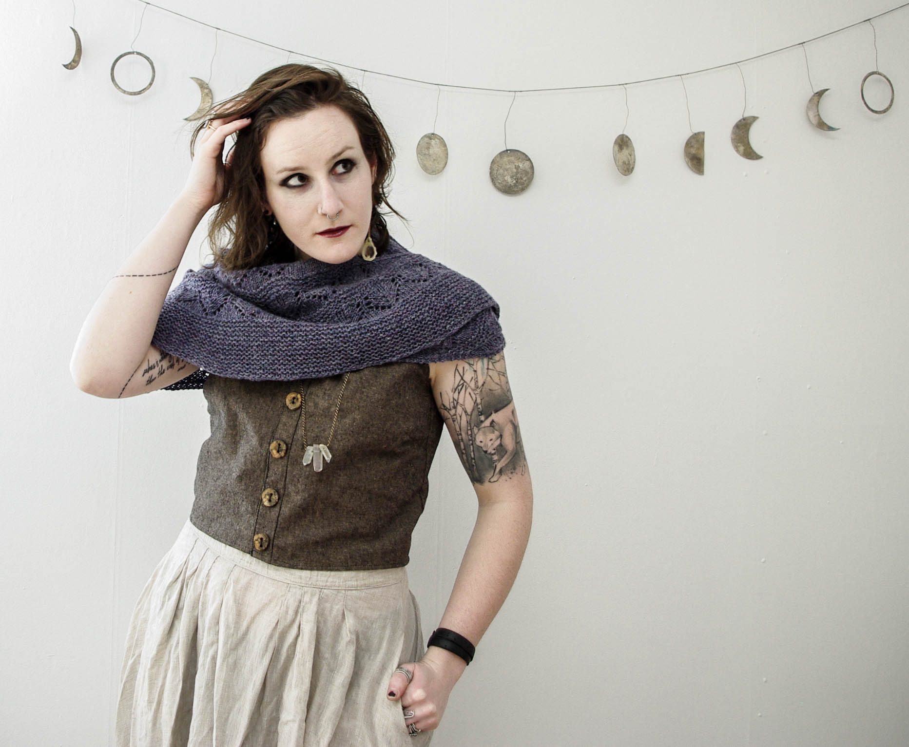 sneak peek from a photo shoot for a new design created especially for circle of stitches . harrisville designs flywheel yarn , zinnia skirt , and hacked hinterland dress -turned-crop top with a gorgeous linen and spalted maple buttons.