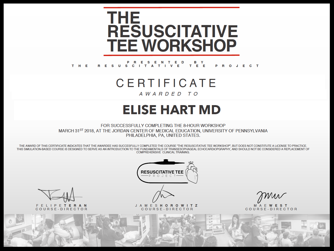 sample of Certificate awarded to participants that successfully complete the workshop