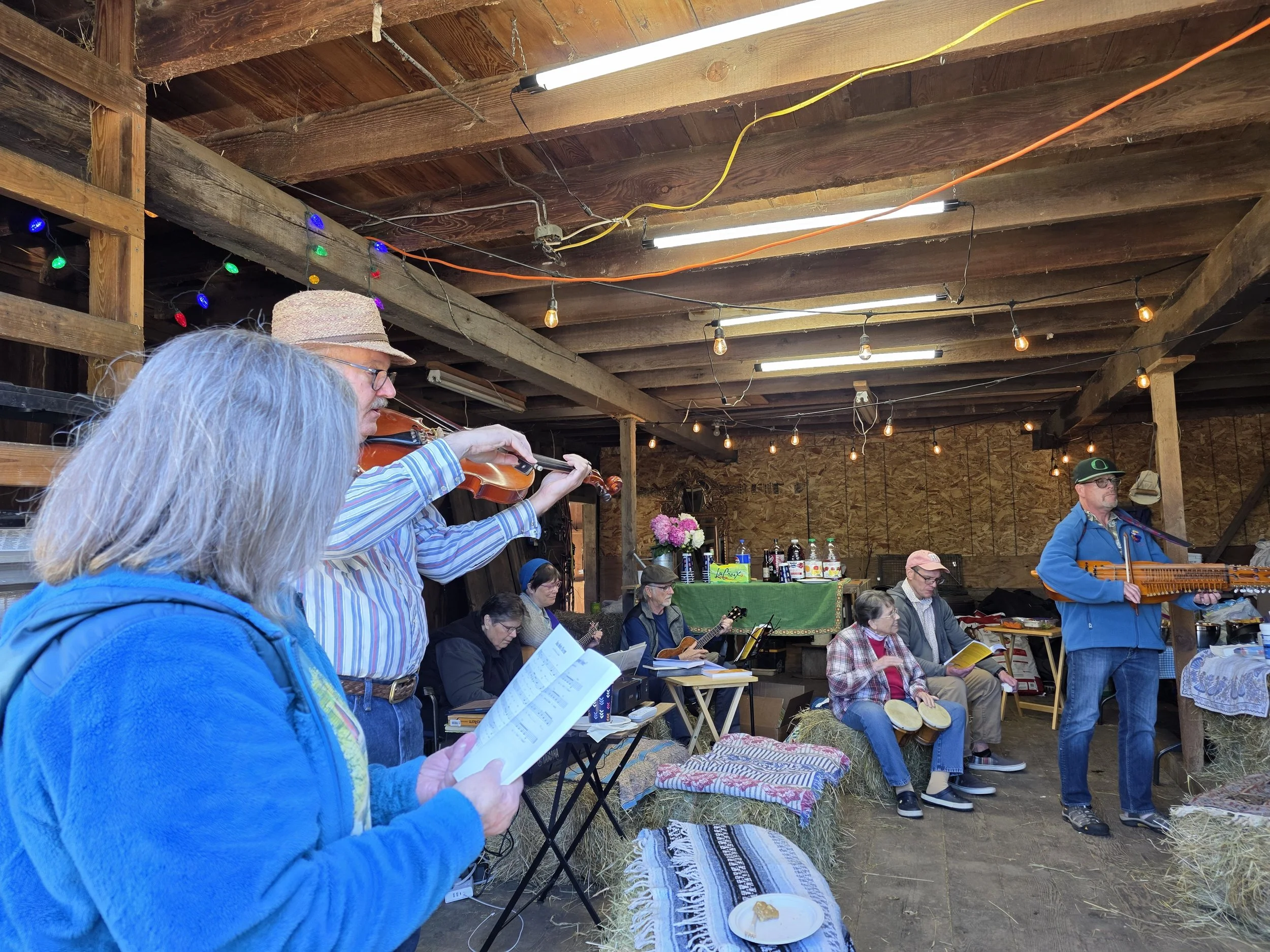 Group of musicians playing instruments and singing at a rustic indoor event with string lights hanging from the wooden ceiling.