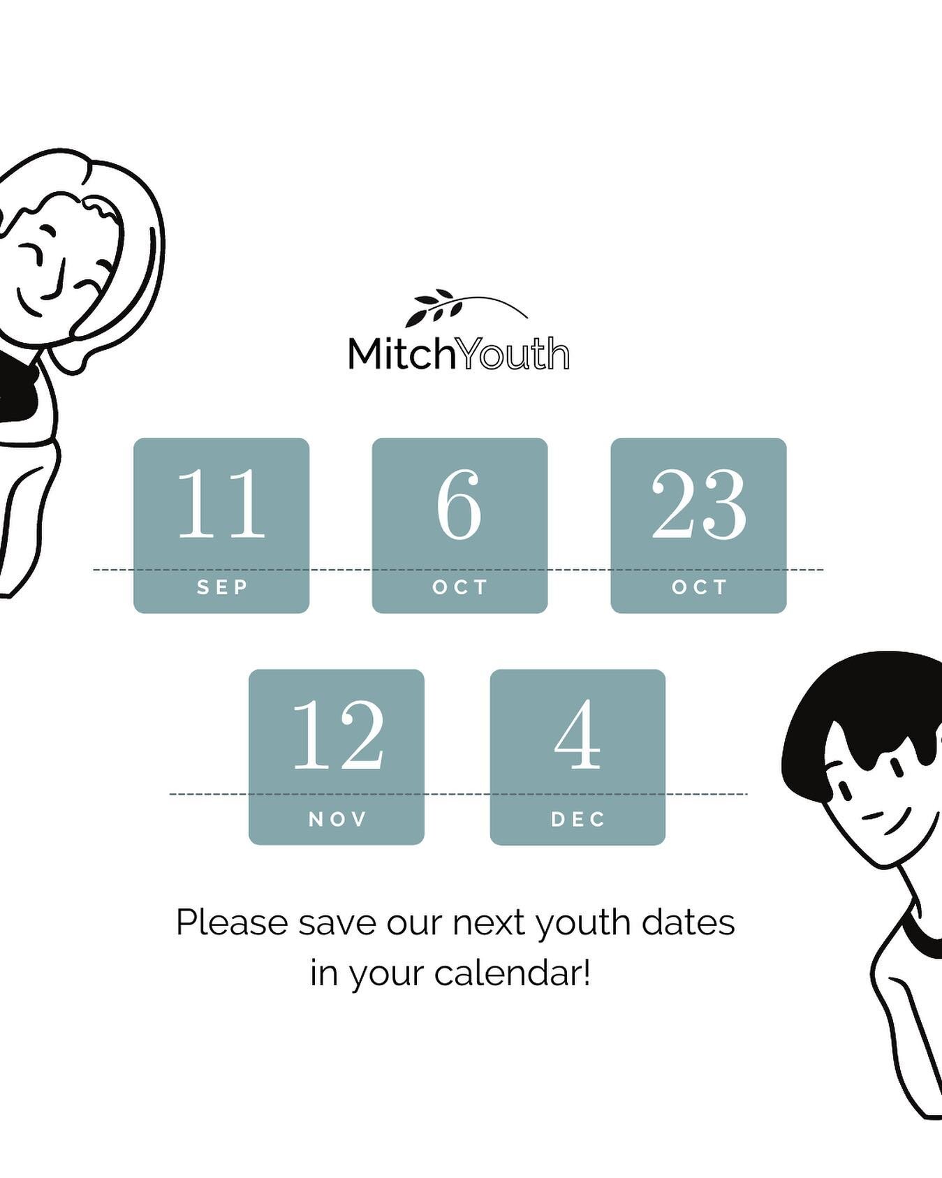 Hey MitchYouth - here are our next dates for the rest of this year. So please mark them out in your calendar (or your phone - let&rsquo;s be real)! We also have our youth program each week on a Sunday morning at @mitchamhillschurch - so we&rsquo;d lo